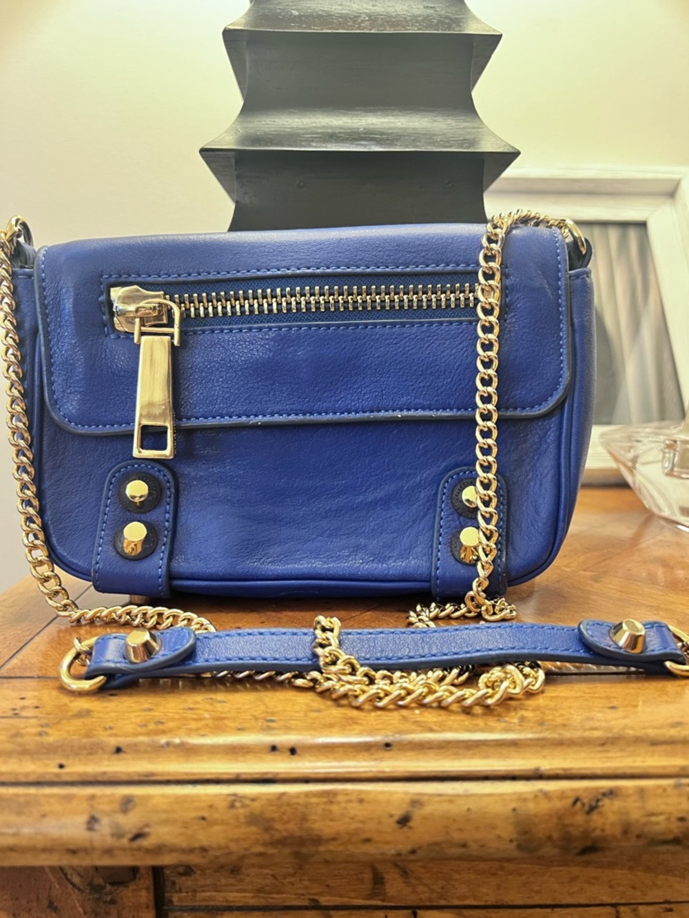 Linea Pelle Blue Leather Gold detail and  Chain Strap purse. Crossbody